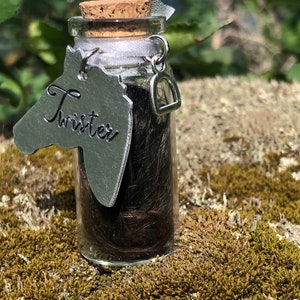 May include: A small glass jar with a cork top contains a clump of brown horse hair. A silver horse head charm with the name "Twister" is attached to the jar.