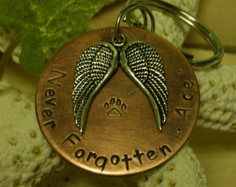 Copper Handstamped Pet Memorial Remembrance Keychain-Never Forgotten