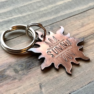 Sun Dog Name Tag for Dog, Hand Stamped Pet ID Tag,  Personalized Dog Tag for Pet, Sun Shaped Dog ID Tag, Sunburst Pet ID