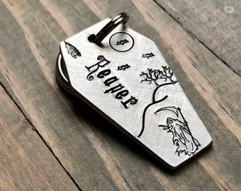 Grimm Reaper Coffin Dog Tag, Hand Stamped Pet ID, Personalized Dog Tag for Dog, Halloween Collar Tag, Tag with Bats, Spooky Dog Tag, Reaper