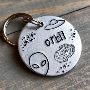 Dog ID Tag | Dog Tag with Alien Space Ship |Personalized Dog Tag | Tag for Dog | Dog Tag | Pet ID Tag with Stars | Orbit Tag