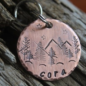 Pet ID with Mountains, Wilderness Tag, The Cora, Dog ID Tag, Dog Tag with Trees, Hand stamped ID, Custom Dog Tag, Tag for Dog, Pet Id Stars