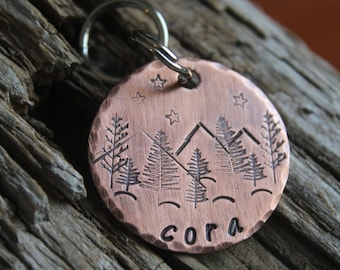 Pet ID with Mountains, Wilderness Tag, The Cora, Dog ID Tag, Dog Tag with Trees, Hand stamped ID, Custom Dog Tag, Tag for Dog, Pet Id Stars