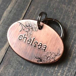 Cosmos Dog Name Tag for Dog, Hand Stamped Pet ID Tag,  Personalized Dog Tag for Pet, Floral Font Dog ID Tag, Flowers