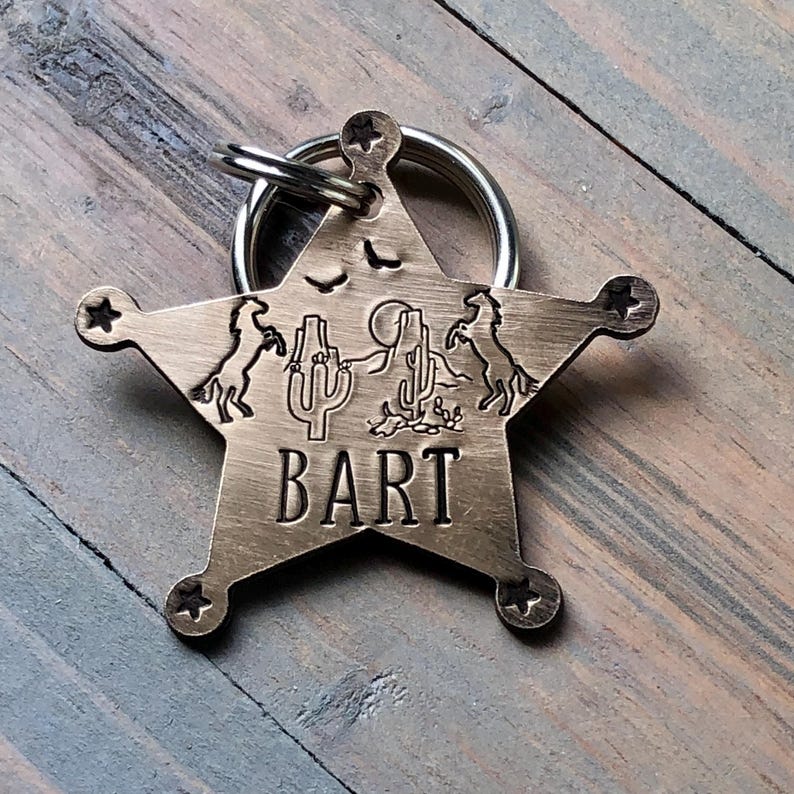 May include: A gold-toned metal star-shaped keychain with a western design. The keychain features two horses, cacti, and a moon. The name "BART" is engraved on the star.