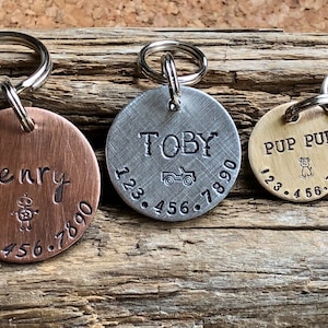 Dog Tag, Dog ID Tag, Hand Stamped Dog Tag, Dog Tag for Collar, Pet ID Tag, Personalized Tag, Size Choice, Copper, silver, bronze