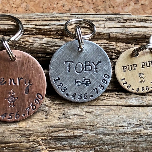 Dog Tag, Dog ID Tag, Hand Stamped Dog Tag, Dog Tag for Collar, Pet ID Tag, Personalized Tag, Size Choice, Copper, silver, bronze