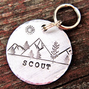 Pet ID with Mountains, Wilderness Tag, Dog ID Tag, Dog Tag with Trees, Hand stamped ID, Custom Dog Tag, Tag for Dog image 1