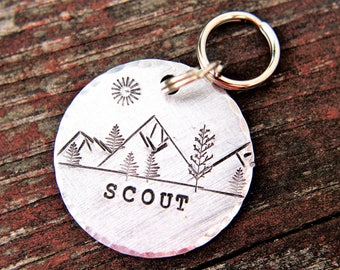 Pet ID with Mountains, Wilderness Tag, Dog ID Tag, Dog Tag with Trees, Hand stamped ID, Custom Dog Tag, Tag for Dog