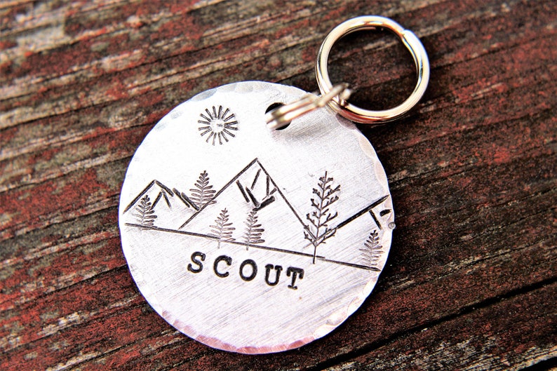 Pet ID with Mountains, Wilderness Tag, Dog ID Tag, Dog Tag with Trees, Hand stamped ID, Custom Dog Tag, Tag for Dog image 1