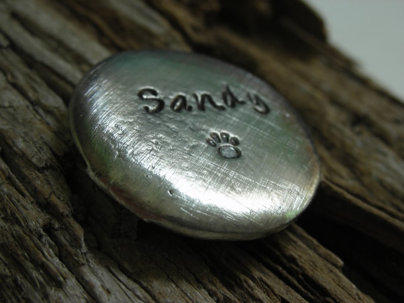 May include: A silver metal charm with the name "Sandy" engraved on it and a paw print below the name.