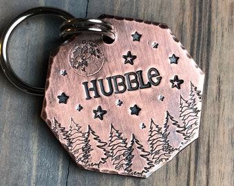 Name Tag for Dog, Hand Stamped Pet ID Tag, Dog ID Tag with Full Moon and Trees, Personalized Dog Tag for Dog, Hubble, Celestial Pet Tag Star