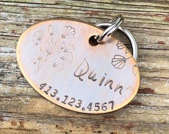 Dog Tag, The Quinn, Personalized Dog Tag, Copper Dog ID Tag, Aluminum Pet ID Tag, Hand Stamped Floral Pet Tag