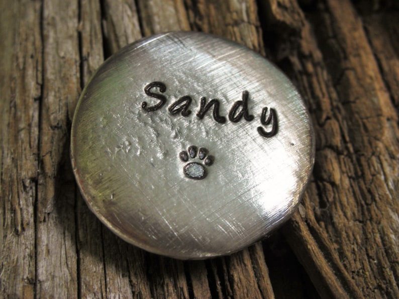 May include: Silver metal disc with the name "Sandy" engraved on it. A small paw print is also engraved on the disc.
