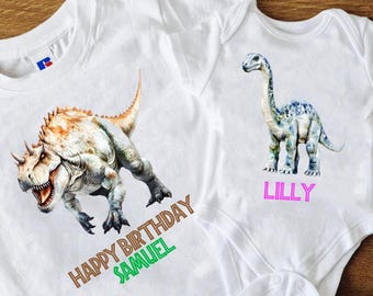 Personalised Custom made Kids and Baby Dinosaur Tshirt or Babygrow with any Name or Text with a Choice of 8 Dinosaurs