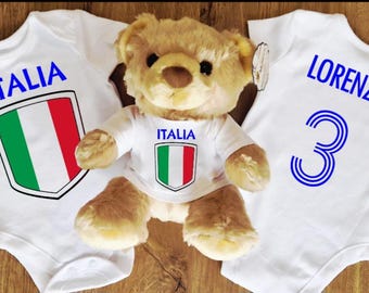 Personalised Italy Italia Soft Toy Teddy Bear & Babygrow/Romper Tshirt Set.