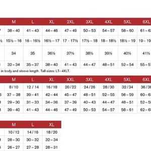 May include: A size chart from Gildan, displaying measurements for adult, ladies, and youth sizes. The chart includes chest, neck, waist, and sleeve length measurements in inches for various sizes, from XS to 10XL.