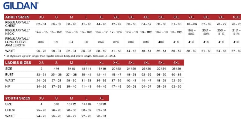 May include: A size chart from Gildan, displaying measurements for adult, ladies, and youth sizes. The chart includes chest, neck, waist, and sleeve length measurements in inches for various sizes, from XS to 10XL.