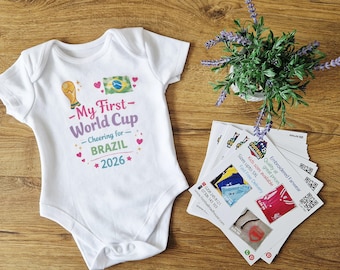 Camiseta/pelele para bebé personalizado Brasil Mi Primer Mundial 2026 para niño.