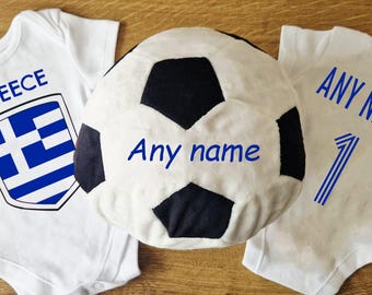 Conjunto personalizado de futebol de pelúcia da Grécia e body/macacão para bebê com camiseta.
