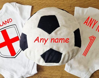 Personalised England St George's Flag Soft Toy Football & Babygrow/Romper Tshirt Set.