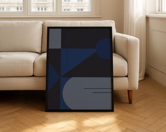 May include: A rectangular framed wall art piece featuring a dark geometric composition. The design includes a large dark blue triangle, a solid navy circle, and a light gray rounded shape, all set against a deep black background with thin lines.