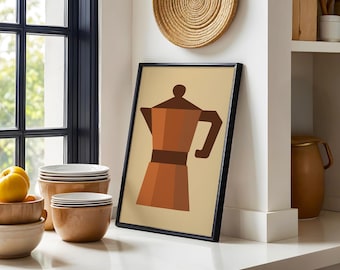 Stampa artistica minimalista con moka e caffè: poster retrò moderno per bar e cucina (download digitale)