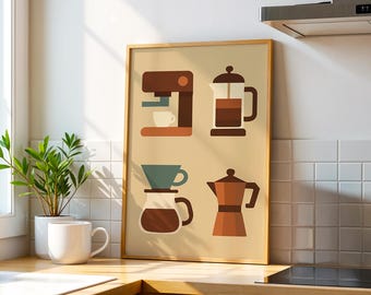 Retro Coffee Brewing Art Print: Minimalist Kitchen Poster, Espresso, Moka, Pour-Over, Press (Digital Download)