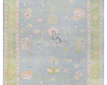 Sky Blue Oushak Rug 9x12: Handknotted Wool Turkish Carpet
