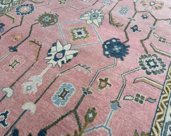 Pink Oushak Area Rug – Hand Knotted Wool Rug – Turkish Oriental Carpet – Vintage Style Wool Rug – Floral Pattern Boho Décor – Bedroom Rug