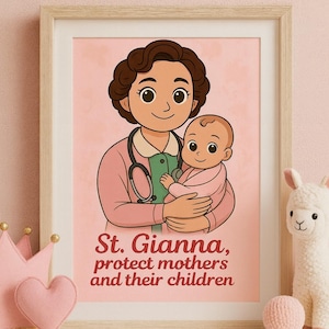 St. Gianna Molla katholieke kunstafdruk | Pro-Life moeder en kind wanddecoratie | Patroonheilige van moeders en ongeboren kinderen | Kinderkamer of gebedshoek