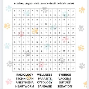 Puede incluir: Una hoja blanca con un juego de búsqueda de palabras para técnicos veterinarios. El juego incluye términos como "radiología", "anestesia" y "gusano del corazón". El título es "Búsqueda de palabras para técnicos veterinarios".