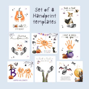 Puede incluir: Conjunto de 8 plantillas de huellas de manos de Halloween. Los diseños incluyen una calabaza, un fantasma, una araña, una bruja, un ganso, un murciélago y un caldero. Cada plantilla presenta texto como "It's Scary" y "Happy Halloween".