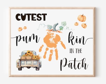 Manualidades de calabazas: Arte con huellas de manos para preescolares, plantilla JPG para recuerdos de otoño
