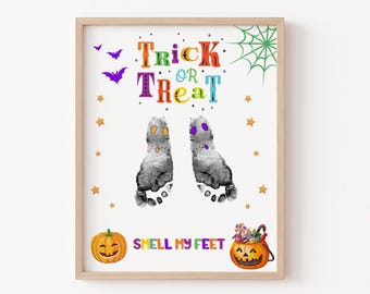 Artesanato de "Doces ou Travessuras": Arte com pegadas de bebê, placa de lembrança de Halloween "faça você mesmo"