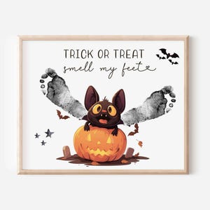 Trick or Treat Footprint Art: Halloween Bat Craft with Pumpkin, Template Printable