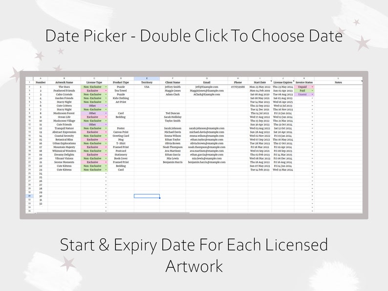 May include: A spreadsheet with a list of artwork names, license types, product types, territories, client names, emails, phone numbers, start dates, license expiry dates, invoice status, and notes. The spreadsheet is titled "Date Picker - Double Click To Choose Date" and has a section at the bottom that says "Start & Expiry Date For Each Licensed Artwork".