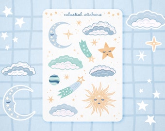 Celestial Clouds Pastel Sticker Sheet, Magical Sun and Moon Stickers, Journalling, Scrapbooking