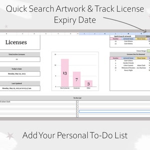 May include: A spreadsheet with a pink and gray color scheme. The spreadsheet is titled "Licenses" and includes a chart showing the number of licenses that are non-exclusive, exclusive, and other. The spreadsheet also includes a section for tracking license expiry dates.
