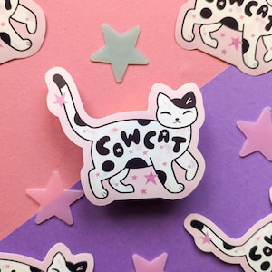 Sticker vache mignon chat, sticker brillant cowcat, sticker chat noir et blanc, chats smoking