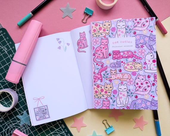 Cat Cuties A6 Notebook: Illustrated Pastel Cats, Handmade