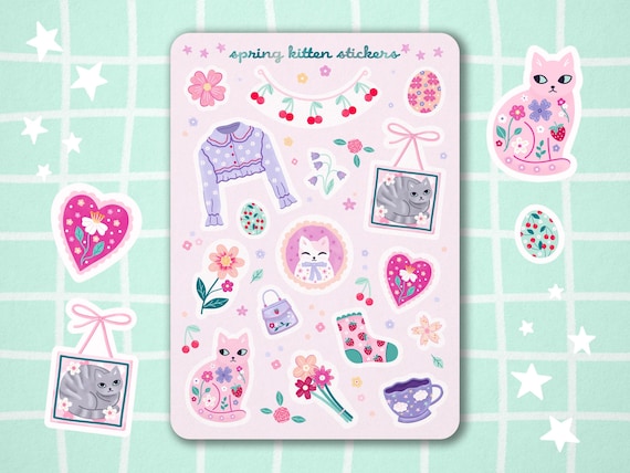 Kawaii Spring Kittens Sticker Sheet: Pastel Cat Stickers