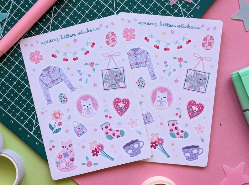 Kawaii Spring Kittens Sticker Sheet: Pastel Cat Stickers immagine 3