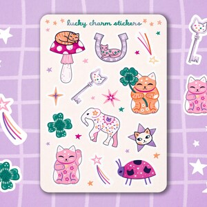 Feuille d'autocollants chat porte-bonheur et symboles, Feuille d'autocollants chat porte-bonheur, Stickers chats mignons, jolie papeterie, Tenir un journal, Scrapbooking