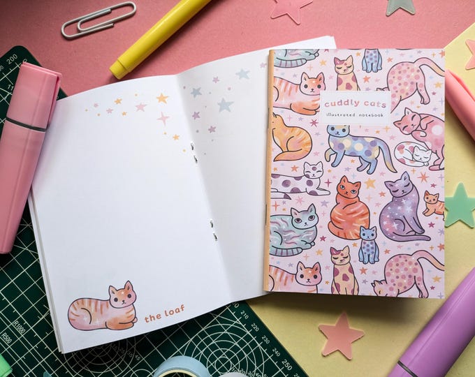 Cuddly Cats Illustrated A6 Notebook: Handmade Pastel Cat Gifts