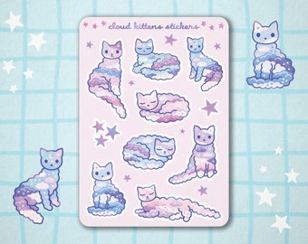 May include: A sheet of stickers featuring nine adorable cartoon cats made of clouds and stars. The stickers are on a pink background with the text "cloud kittens stickers" at the top.