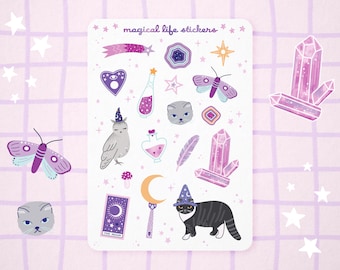 May include: A sheet of stickers with a magical theme. The stickers feature a variety of images, including a cat wearing a witch's hat, an owl, a crystal, a moth, a potion bottle, a feather, a crescent moon, and a tarot card. The stickers are printed on white paper and have a pink and purple color scheme.