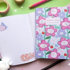 Flower Cats Mini Notebook | Illustrated Botanical Cat Journal | Handmade Stationery for Cat Lovers