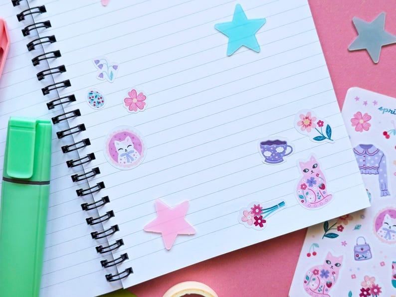 Kawaii Spring Kittens Sticker Sheet: Pastel Cat Stickers immagine 5