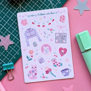 Kawaii Spring Kittens Sticker Sheet: Pastel Cat Stickers immagine 2